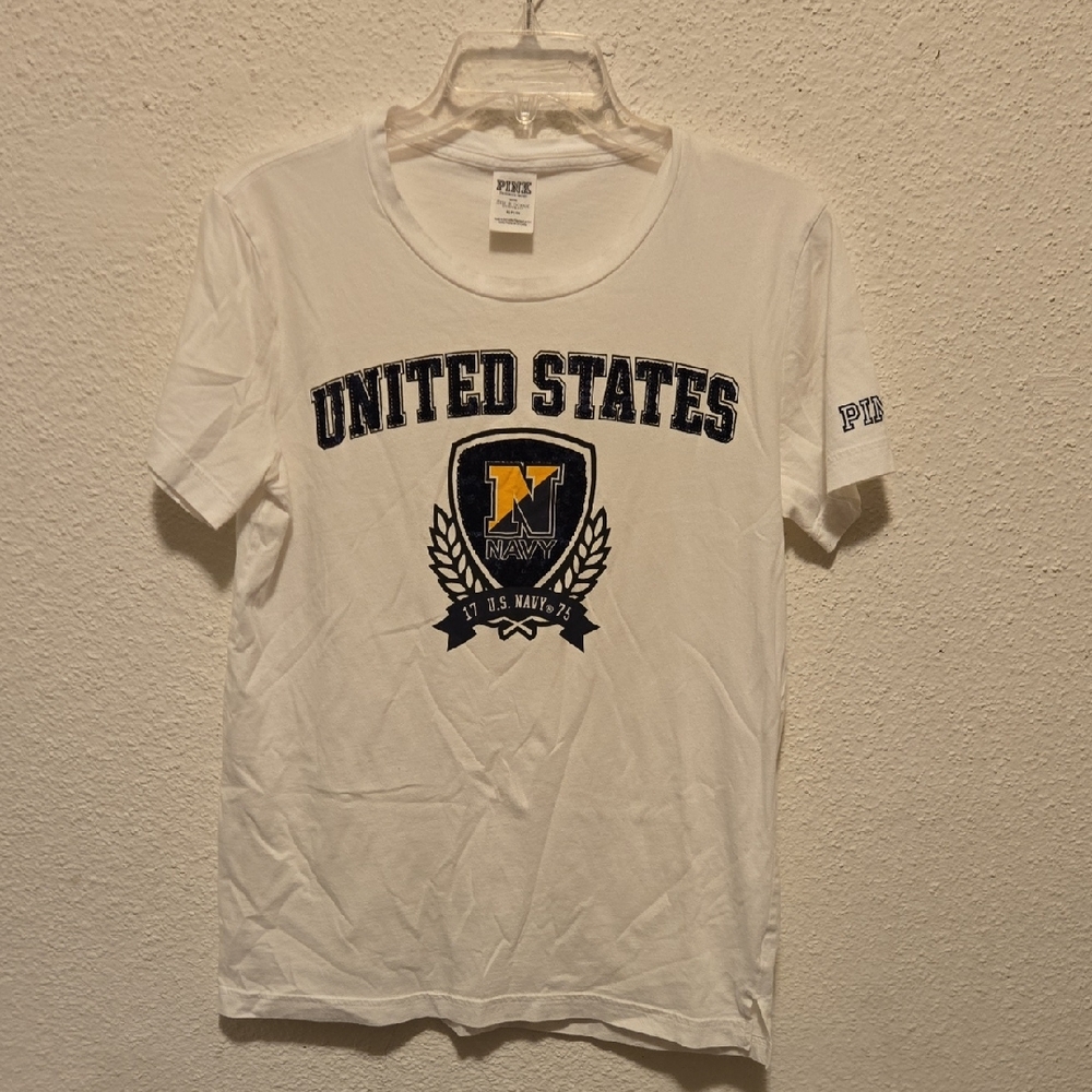 B18 Victorias Secret Pink White United States Navy Graphic T-Shirt Sz Sm